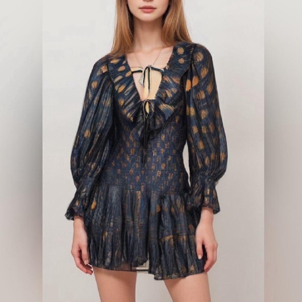 Anthropologie Verb party dress navy and gold metallic dots, mini sheer
